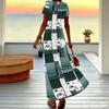 Women Plus Size Short Sleeve V Neck Maxi Dress Coral Diagonal Leopard Splicing Print Loose Summer Beach Long Dress