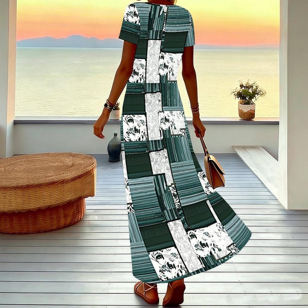 Women Plus Size Short Sleeve V Neck Maxi Dress Coral Diagonal Leopard Splicing Print Loose Summer Beach Long Dress