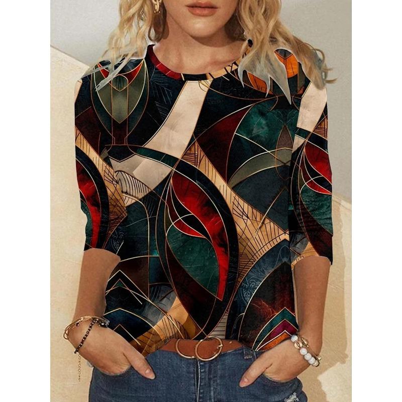 Retro 3D Print Color Block Crew Neck Long Sleeve T-Shirt Womens Clothing Casual Clothes Harajuku Female Clothing Pullover