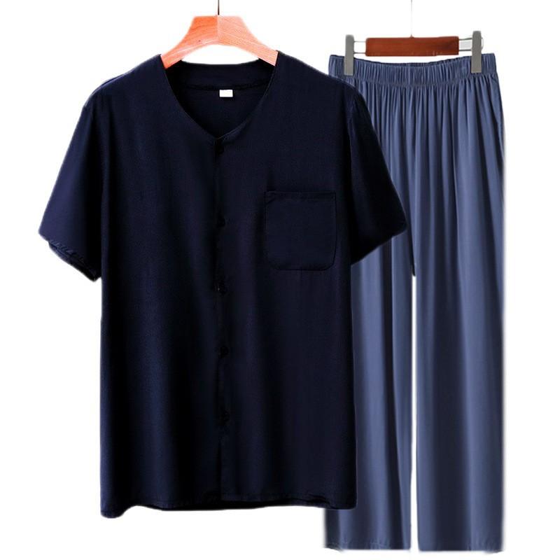 Cardigan manica corta in cotone e seta pigiama da uomo per mezza età e anziani pantaloni estivi sottili in cotone artificiale loungewear da uomo