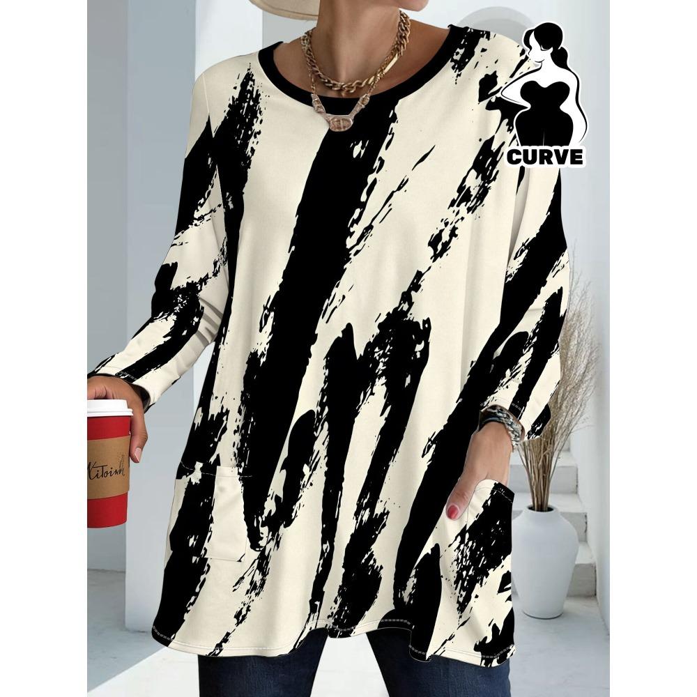 Women's Plus Size with Pocket Design Loose Abstract Printed Long Sleeve T-Shirt Women's Summer Fashion Versatile Top