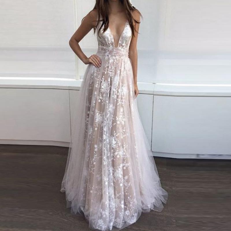 Summer New European and American, Mesh Backless Dress, Lace Deep V Dress, Long Dress