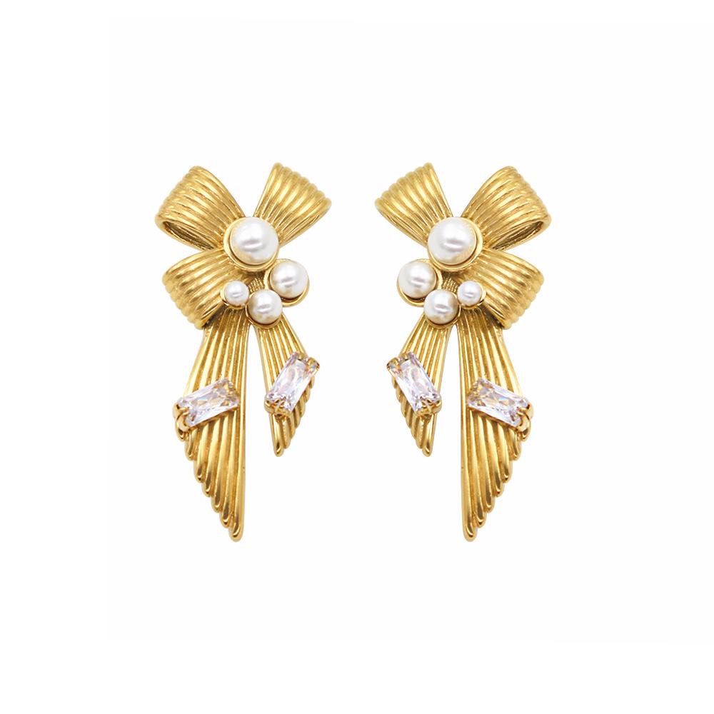 High-End Luminous Mother-of-Pearl Bowknot Zirconia Stud Earrings: Fashionable & Versatile