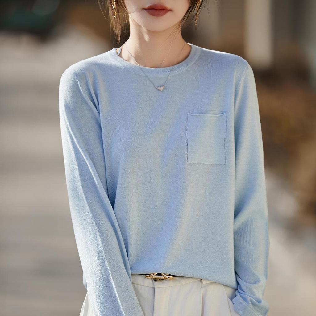 Women's Slim Fit Solid Color Round Neck Wool Sweater - Long Sleeve Fine Knit Base Layer