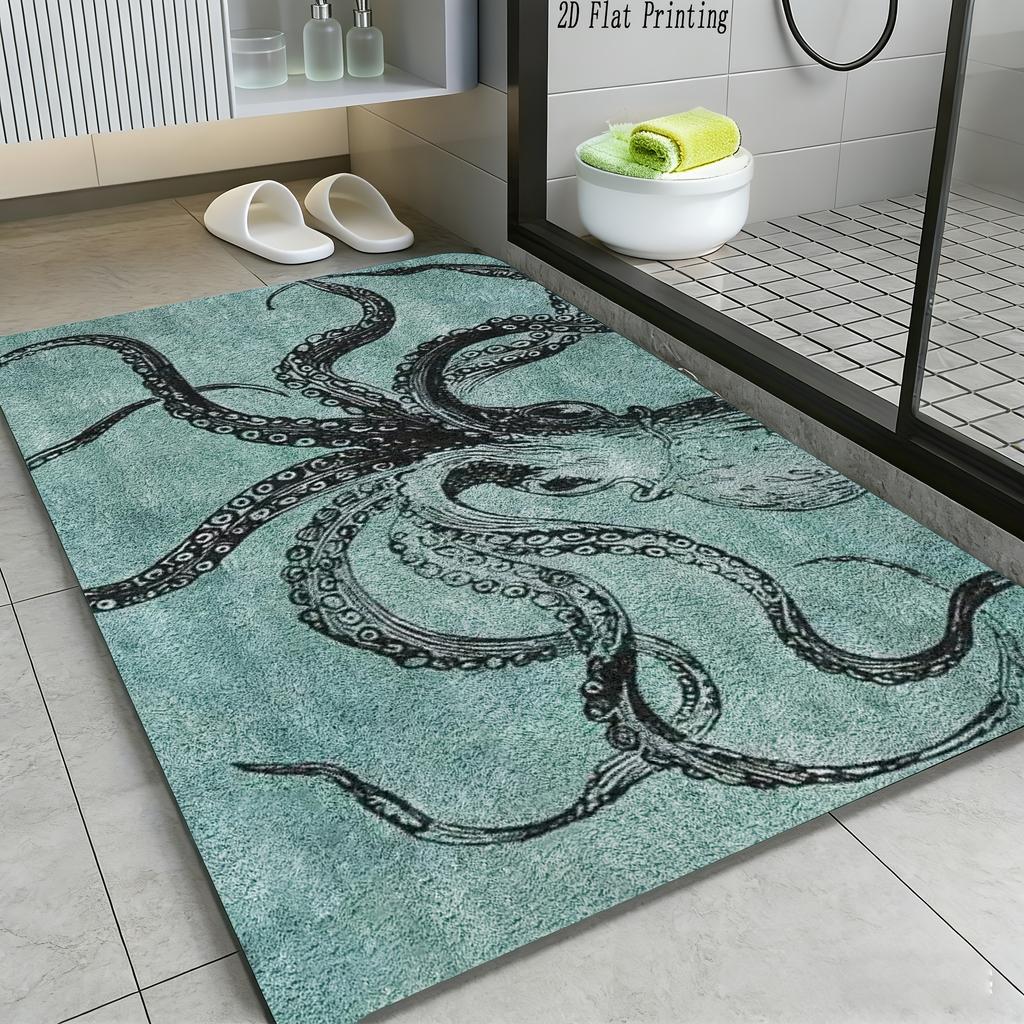 Blue Octopus Artistic Non-Slip Floor Mat Absorbent Washable Decorative Area Rug for Bathroom Shower Wash Basin Toilet
