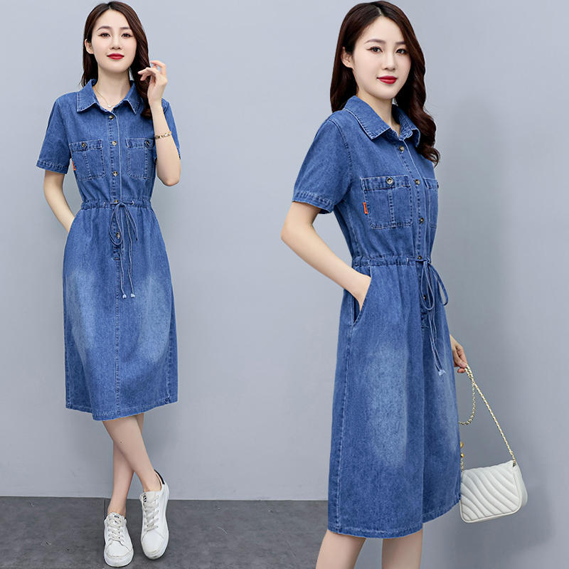 Summer Korean Denim Dress Short Sleeve Slim Waist Casual Lightweight Mid Length Fashion