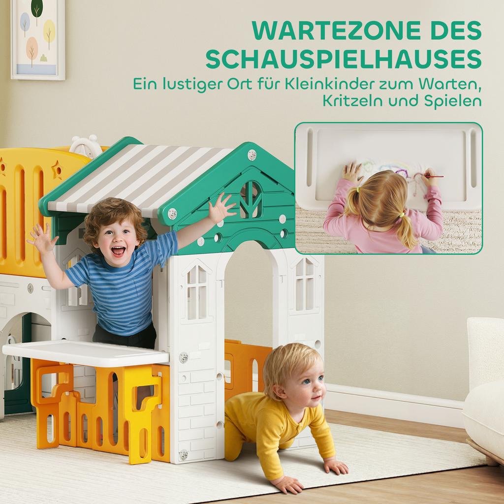7-in-1 Kids Slide, Indoor Playground, Climbing Frame, House, Board, Basketball Hoop, 1-4 Years, Plastic, Yellow+Green