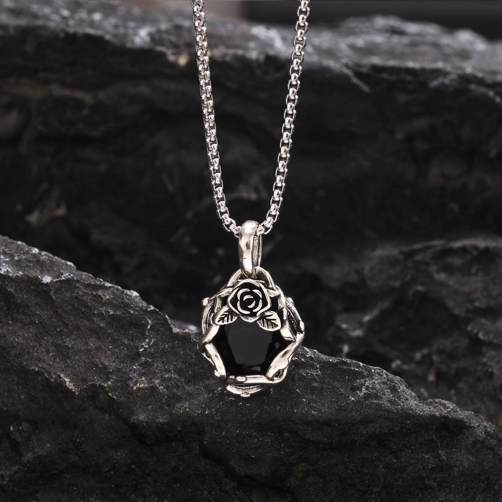 Gothic Black Stone Necklaces for Men Women,Thorn Rose Metal Pendant Collar,Rock Punk Fashion Jewelry Gift