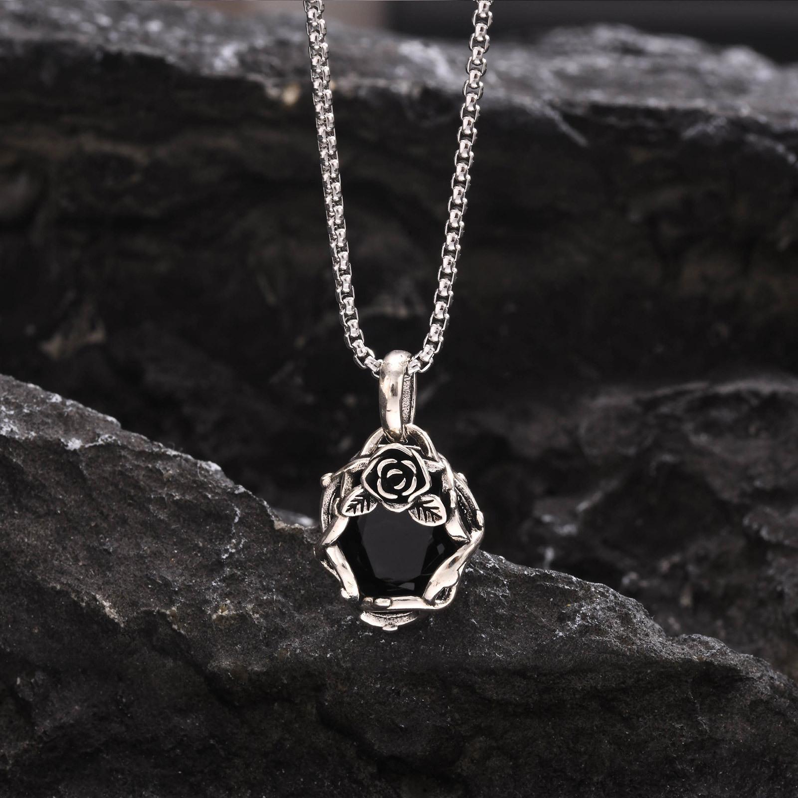 

Vnox Готические ожерелья с черным камнем и розой для мужчин и женщин, кулон в виде цветка с шипами с коробчатой цепочкой, ретро темные колье 60cm