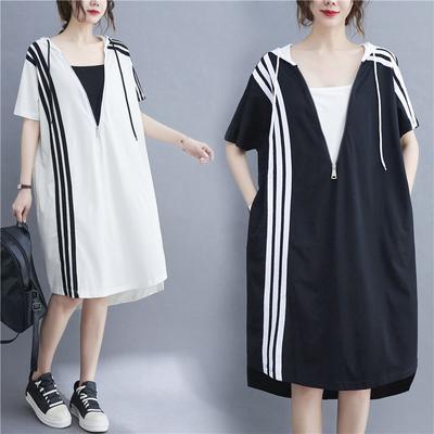 Šaty letní dámské plus size s kapucí střední délky volného střihu luxusní falešné dvoudílné sukně