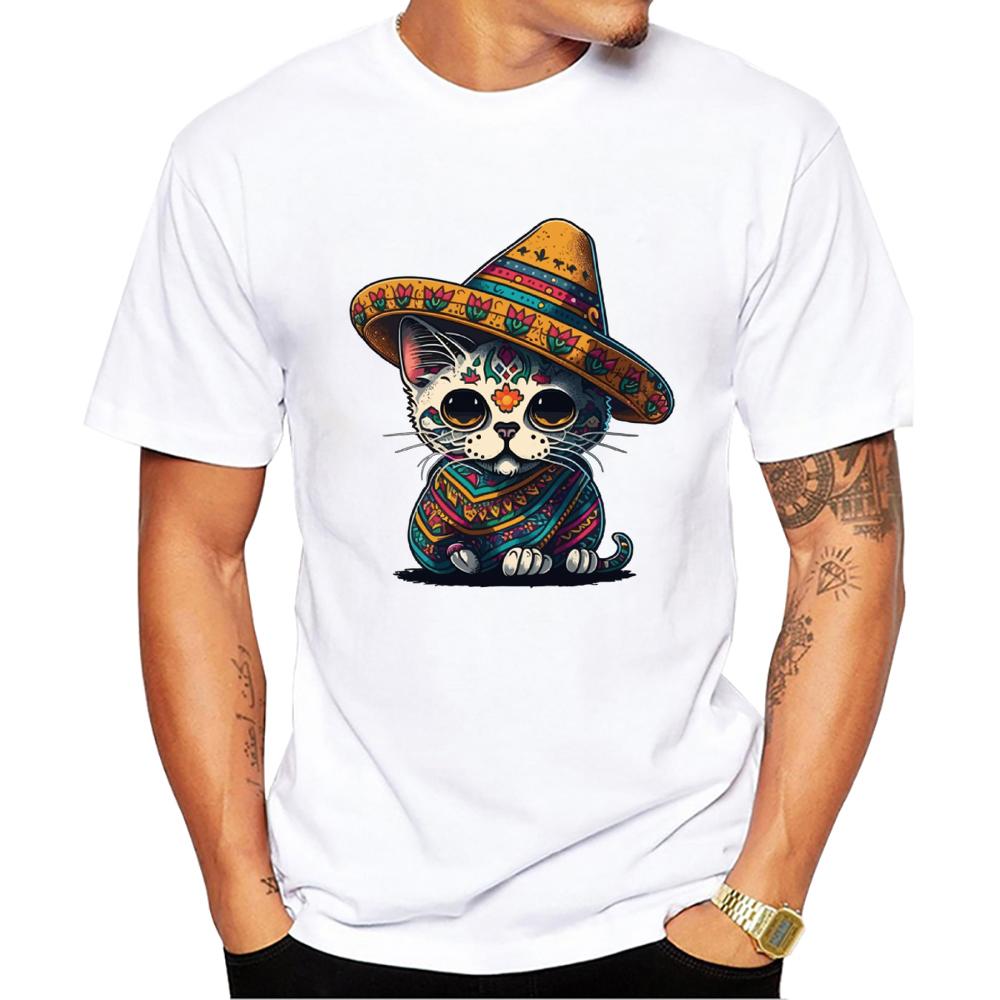 TEEHUB O-Neck Short Sleeve Male Casual Men Vintage Streetwear Mexican Sugar Skull Cat Sombrero