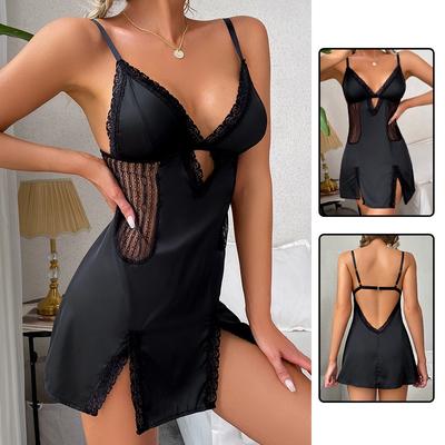 Sexy Women's Nightshirt with Deep V-shaped Neck, One Ton Satin Suspenders, Breathing, with Back Open, Comfortable Home Clothes