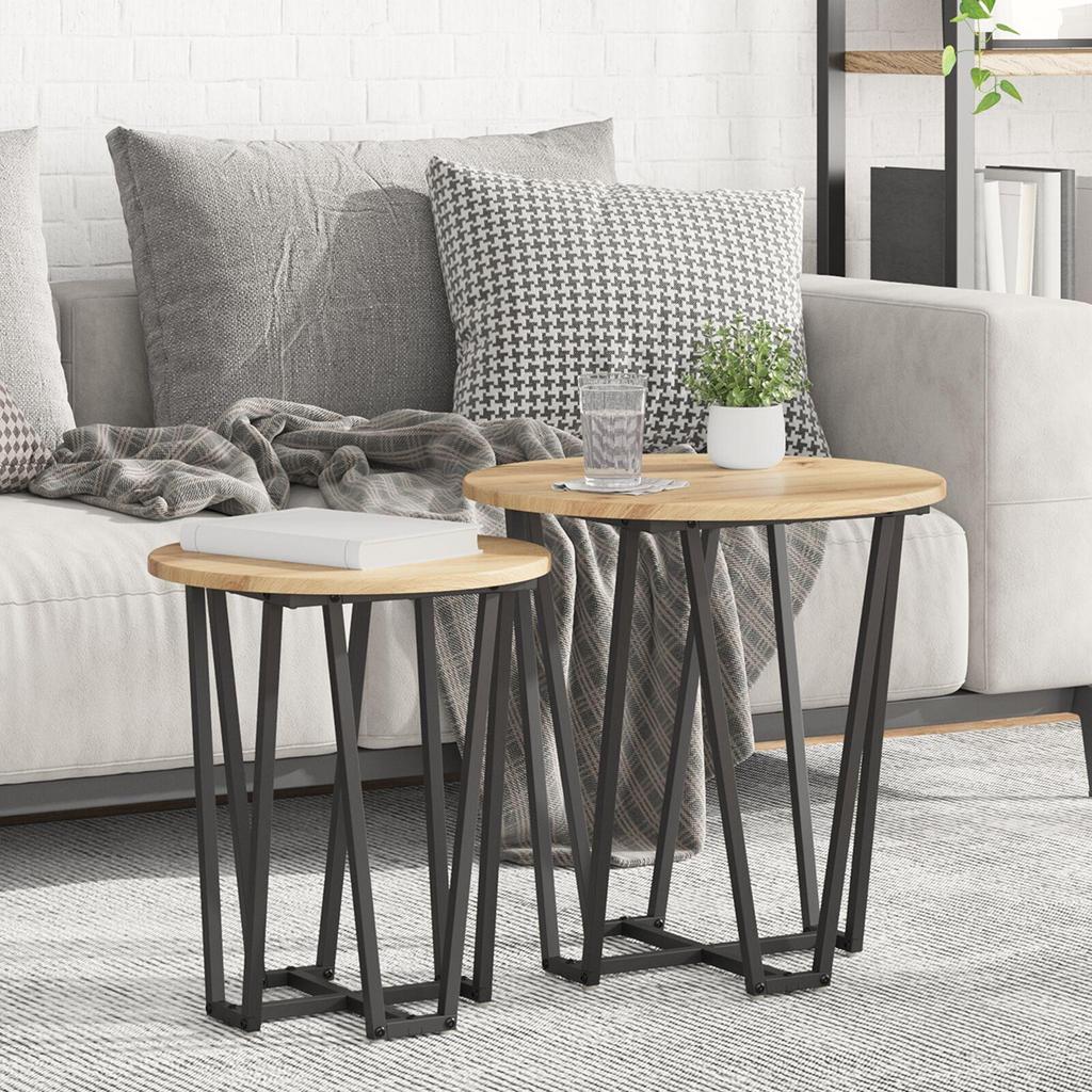 2-Piece round side table set, wooden coffee tables with metal frames, living room decoration table set