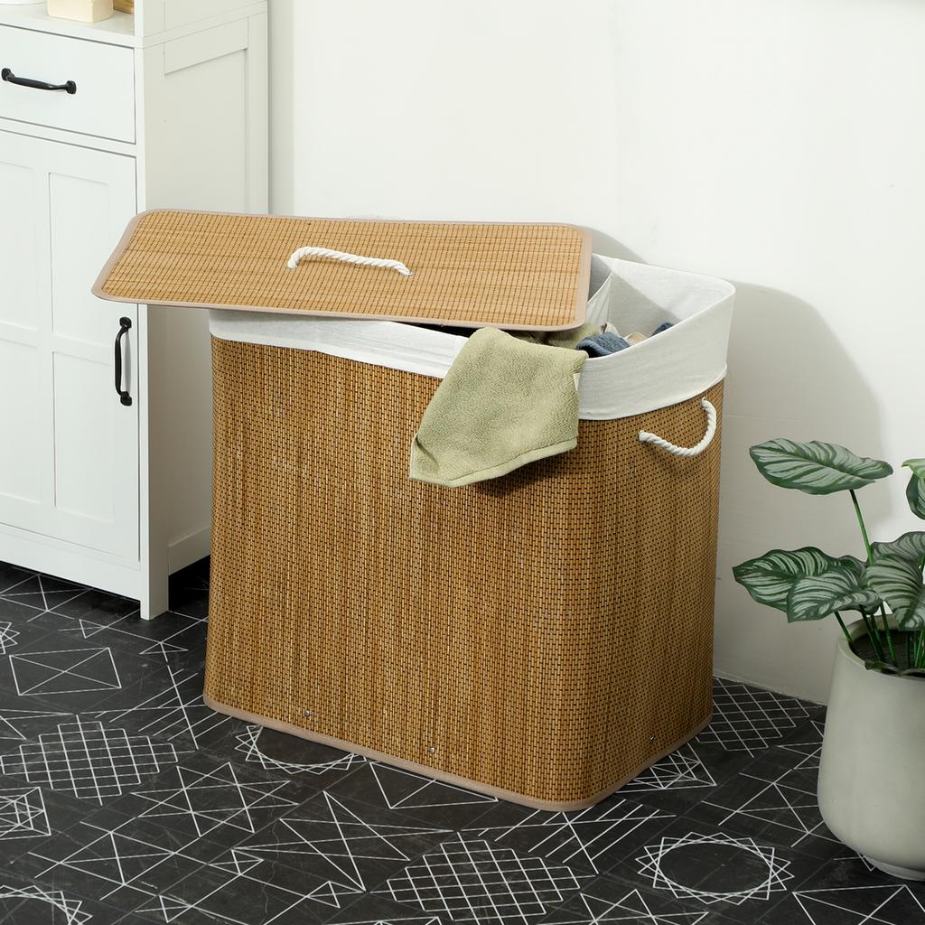 3 Section Laundry Basket with Lid, 144L Bamboo Laundry Hamper with Handles, Removable and Washable Liner, Brown