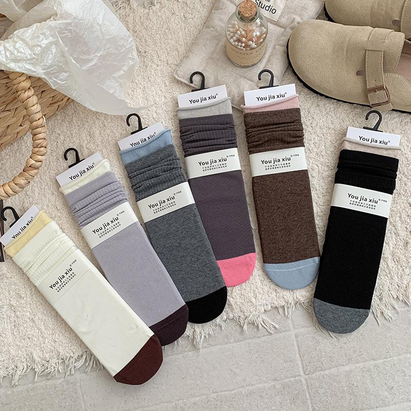 5 Paar Socken Damen Doppelte Schrittnaht Crimpende Kontrastfarbe Mittellange Socken Doppelnaht-Spleißstreifen Stapelsocken Knochenlose Damensocken