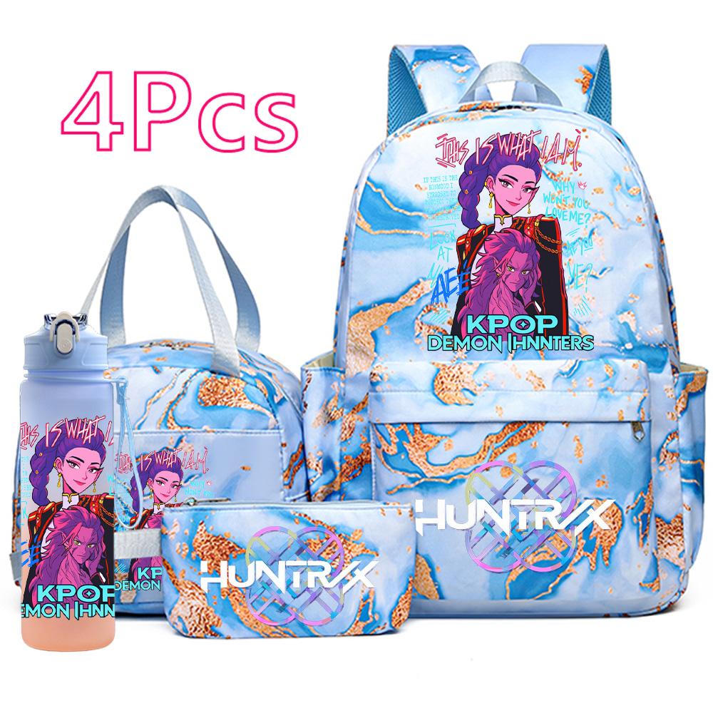 4Pcs/set Cartoon K-Pop Printed Backpack Handbag Pencil Case with 750Ml Water Bottler for Teenager Boy Girl Schoolbag Large Capacity Bookbag Mochila