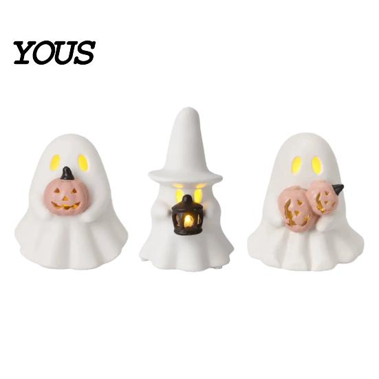 Non Scary Halloween Decoration Ghost Decoration, Light Up Cute Spooky Figurine with Small Desktop Ornament Pumpkin/Lantern for Table Tiered