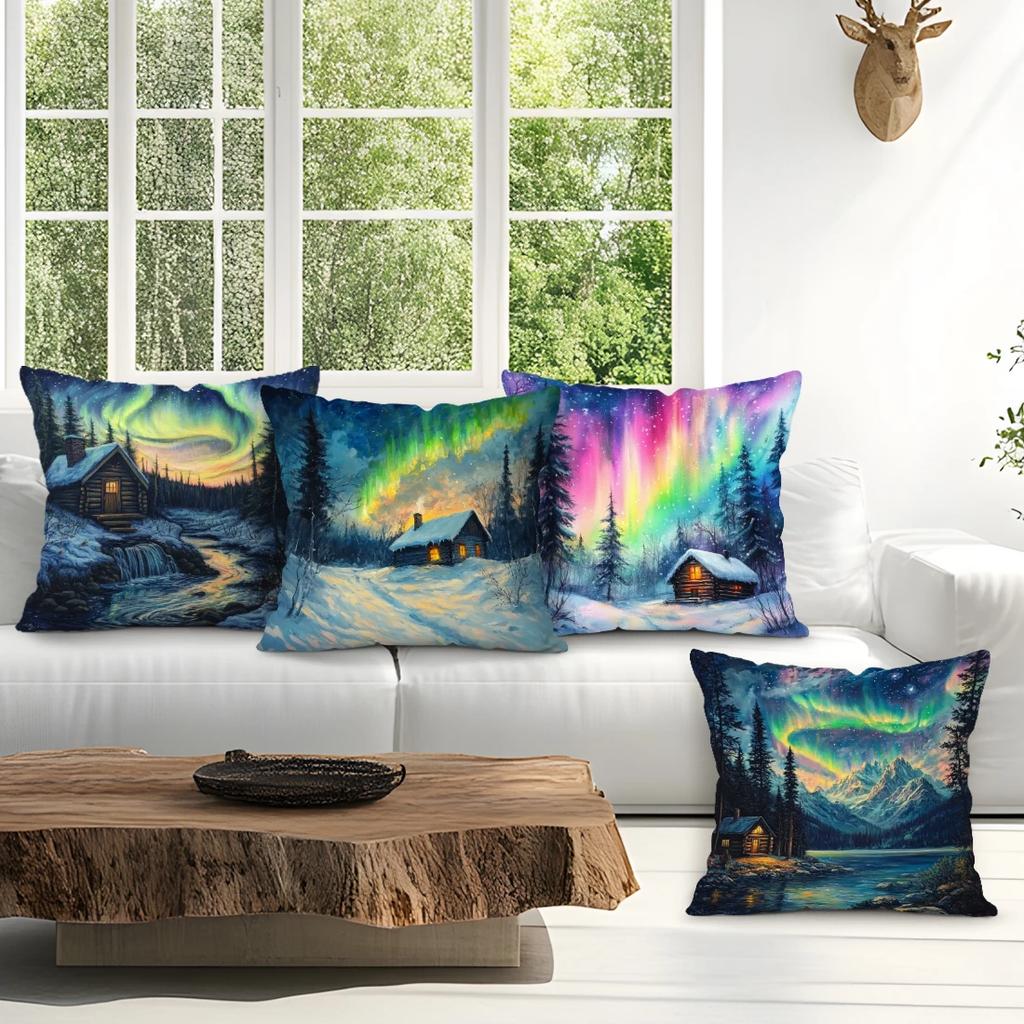 4 Pcs Aurora Wooden House Illustration Single-Sided Printed Pillowcase For Home Living Room Bedroom Car Decor