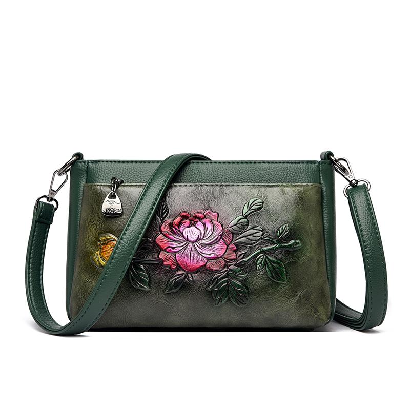 Damen Geprägte Blume Umhängetasche Vintage Florale Schulterhandtasche PU-Leder Tägliche Pendlertasche Lässige Mehrzweck-Geldbörse für Mama Arbeit Einkaufen