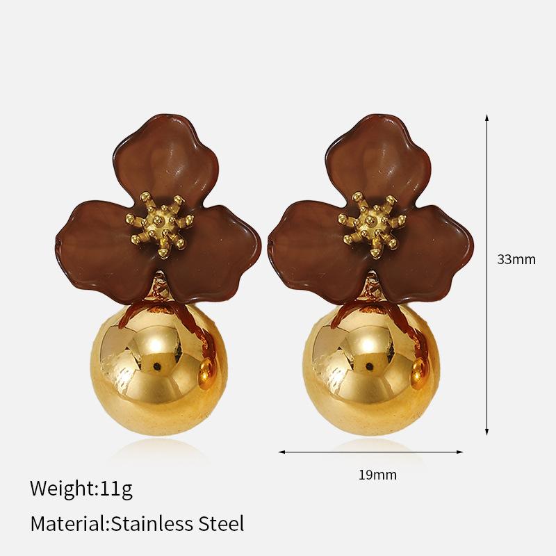 Simple Stainless Steel Flower Shape Drop Earrings 18K Gold Plated Spherical Dangle Earrings