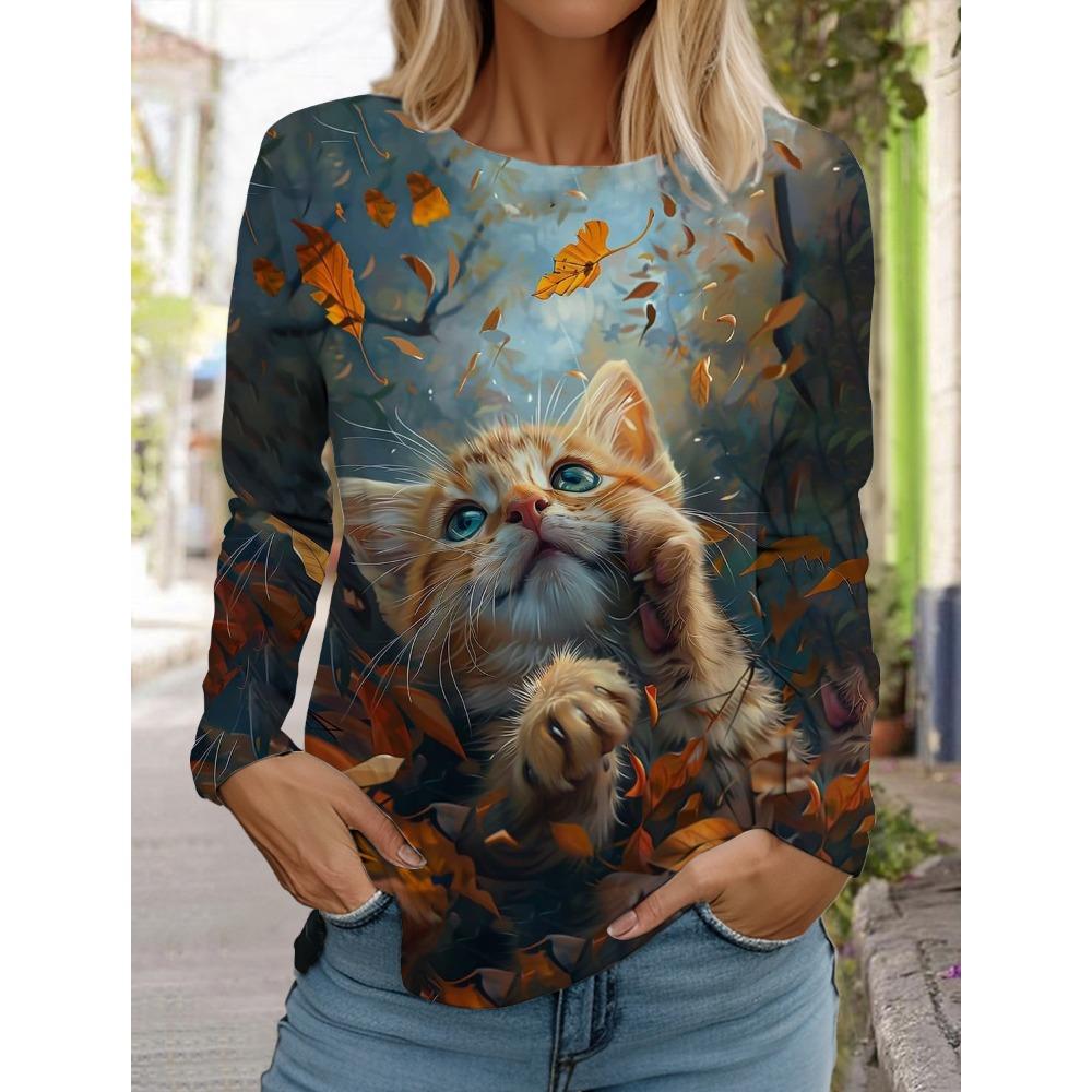 Round Neck Long Sleeved Fashionable Casual Cute Cat Animal Pattern Printed Top