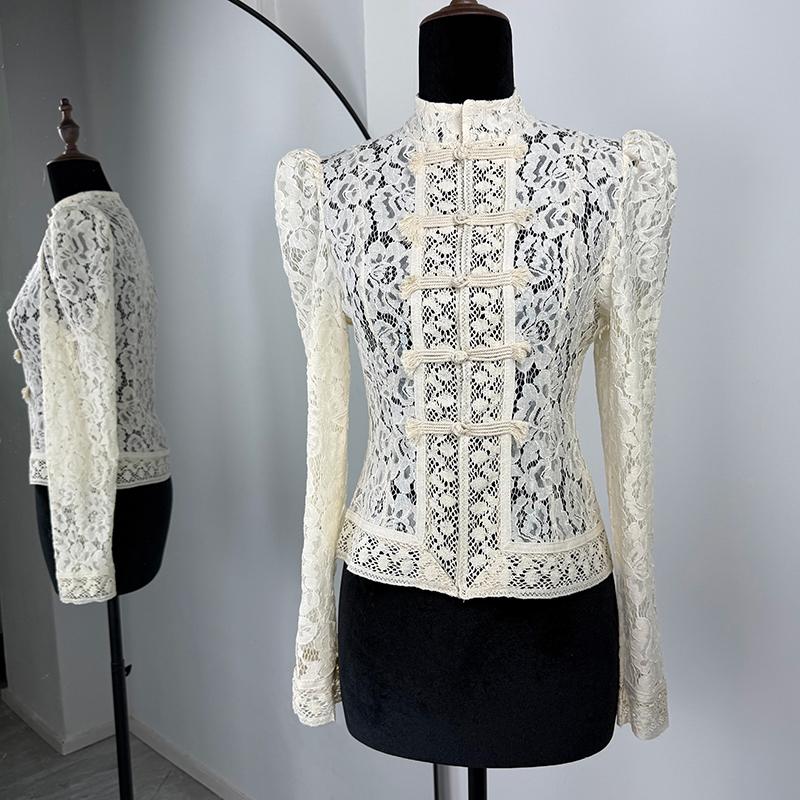 Elegant Lace Shirts Tops Female Hollow Out Commute Vintage See-Through Blouses Single Breasted Shrug Shirts New