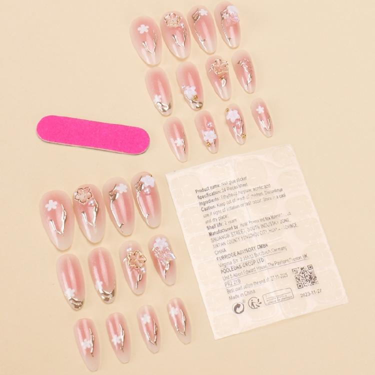 24pcs Press On Nail Short Almond False Nail With 3D Flowers Designs Glossy Artificial Full Cover Stick On Nail for Women