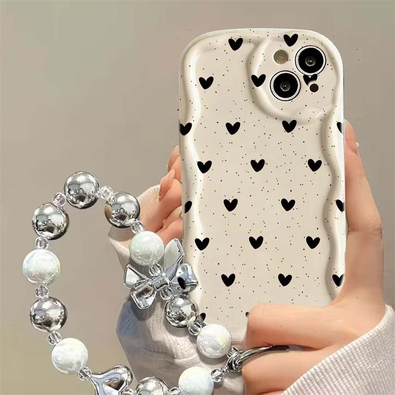 Black Dots Heart Cover For IPhone 17 Air 16 15 14 13 12 11 Pro Max 17 Pro 16e 15 Plus 13 Mini Case Love Bow Chain Silicone