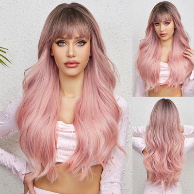 Long Body Wave Synthetic Wigs Black Purple Pink Ombre Wig Light Peach Pink Wig for Women Daily Party Cosplay Use Heat Resistant