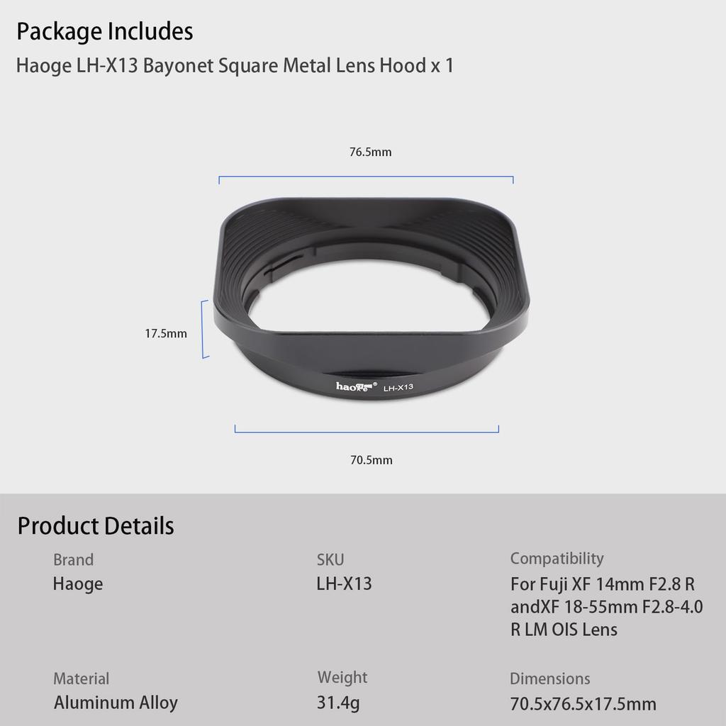 Haoge LH-X13 Bayonet Square Metal Lens Hood for Fujifilm Fujinon XF 14mm F2.8 R and XF 18-55mm F2.8-4.0 R LM OIS Lenses (compatible with X-Pro2, X-Pro