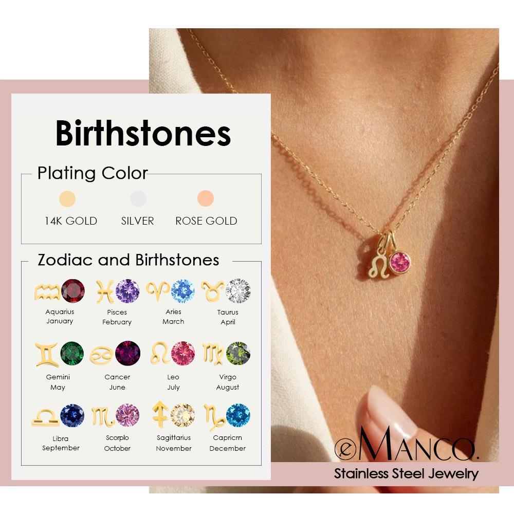 eManco Zodiac Rune Necklace with Rhinestone Birthstone in Stainless Steel