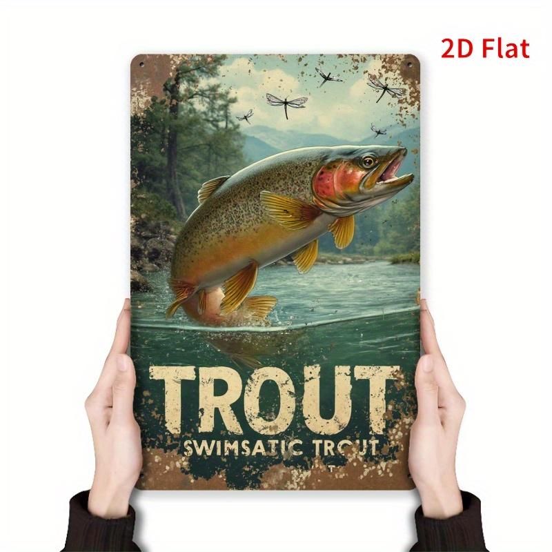 2D Flat, Fun and Inspiring Quotes, Retro Rectangular Iron Metal Wall Art- Trout Jumping Pattern, Retro Design, Country Home and