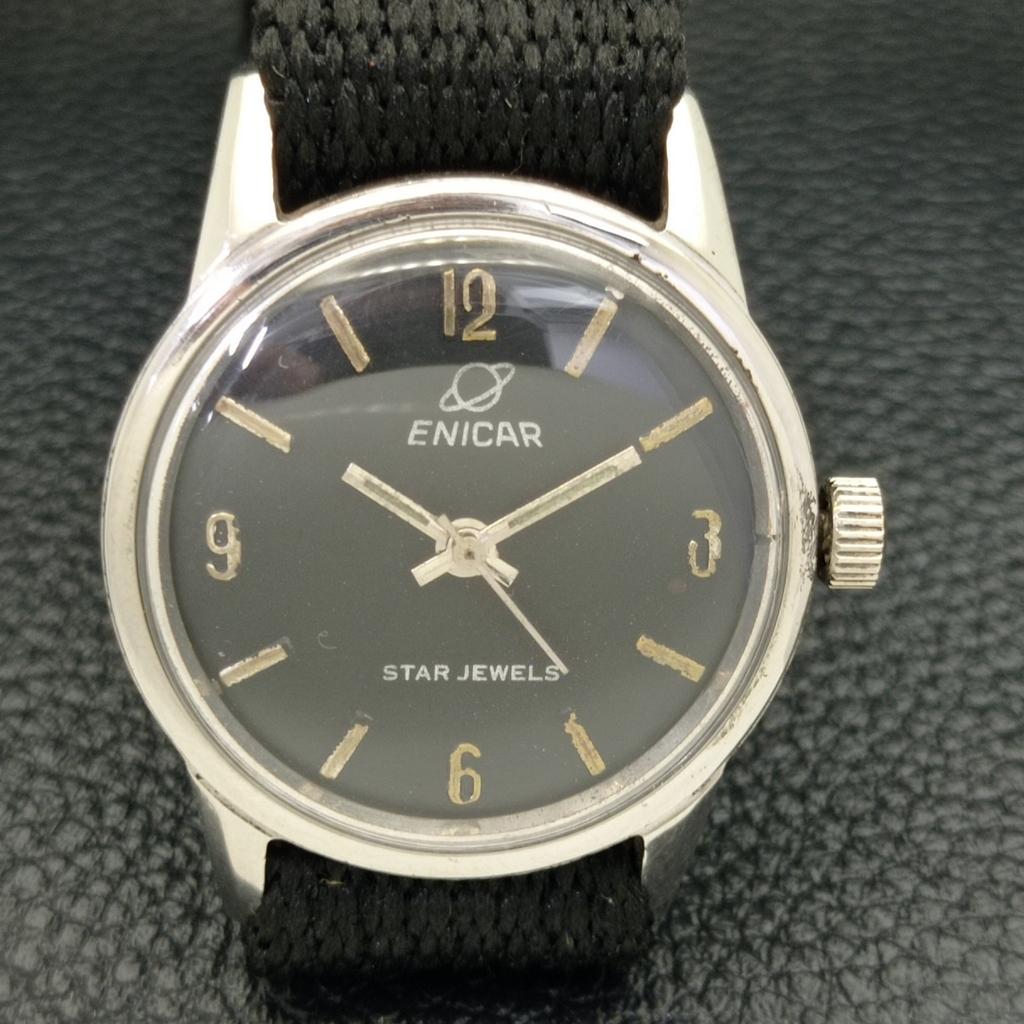 VINTAGE ENICAR STAR JEWELS RUČNĚ NATAHOVACÍ ŠVÝCARSKÉ PÁNSKÉ HODINKY S ČERNÝM CIFERNÍKEM a436437-2 R129-a436437