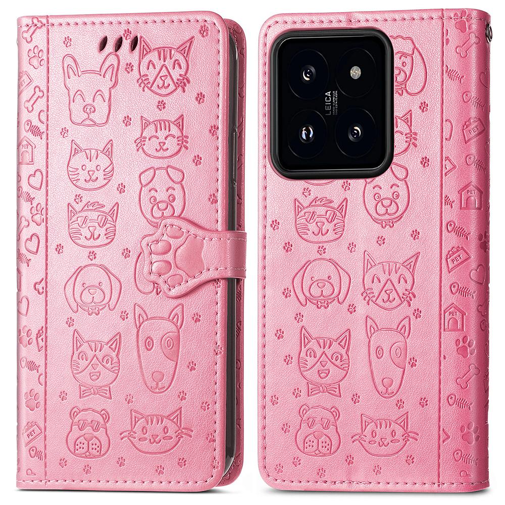 

For Xiaomi 14T Leather Wallet Case Flip Phone Cover with Cute Cat Dog Pattern Pink
