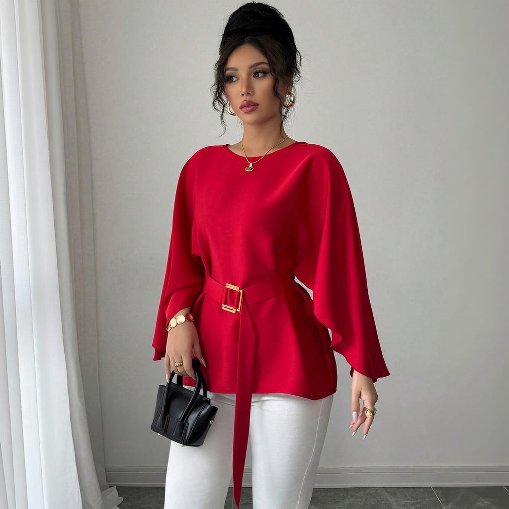 Damen Langarm Vintage Rüschenärmel Hals Bluse