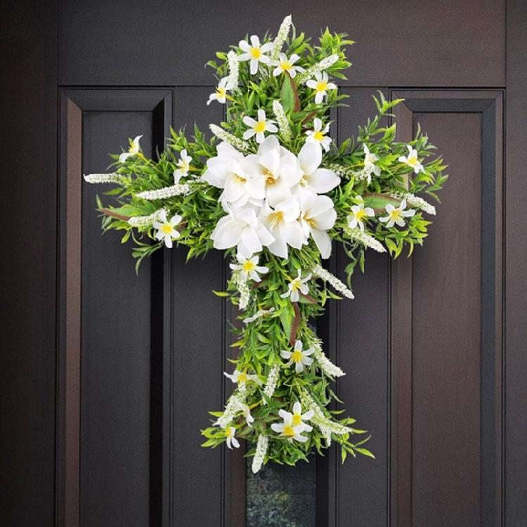 Easter Wreath Cross Door Sign Christian Floral Easter Decor for Front Door Porch