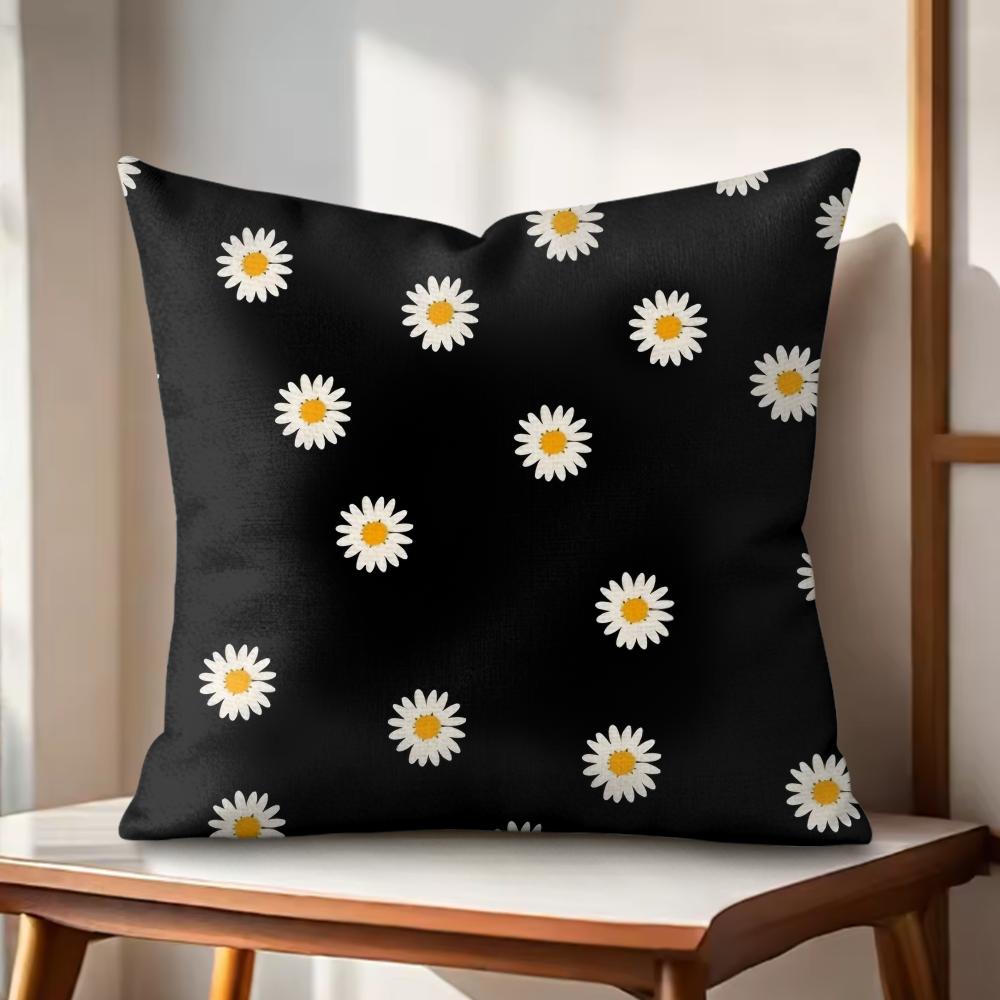 Black Daisy Cushion Cover Natural Linen Organic Fabric DoubleSided Printing Couch Pillow Covers Home Decor