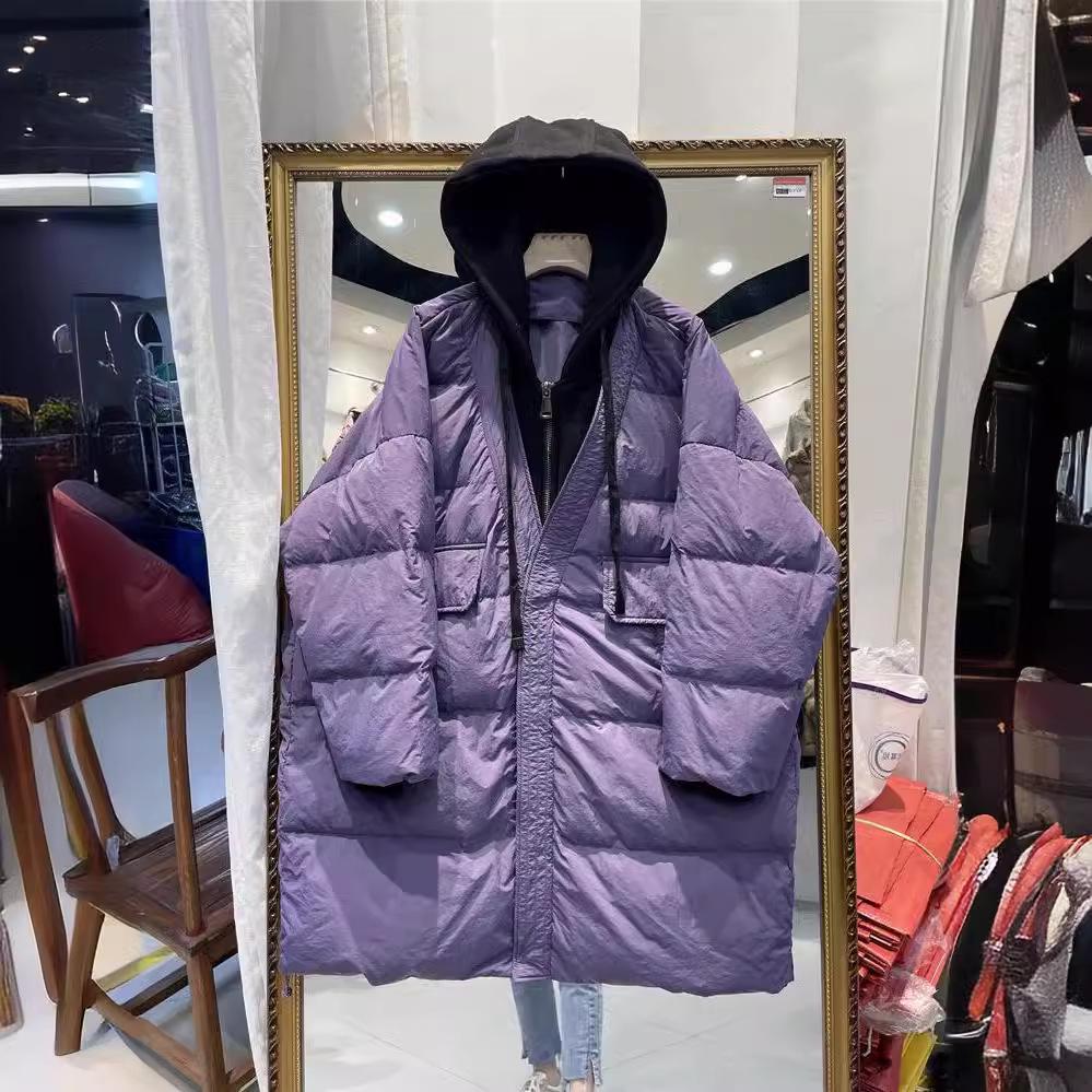 Plus Size Korean Style Loose Winter Slimming Mid-Length Down Jacket with Faux Two-Piece Hoodie