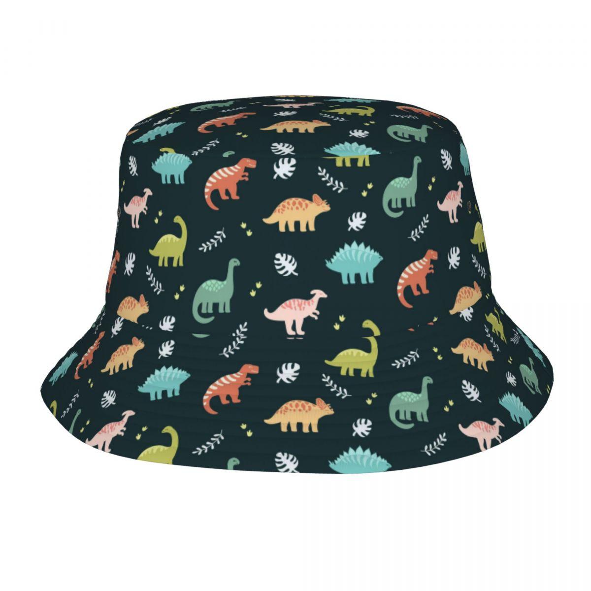

Custom Dinosaurs And Leaves Bucket Hat for Unisex Women Printed Summer Travel Beach Fisherman Cap