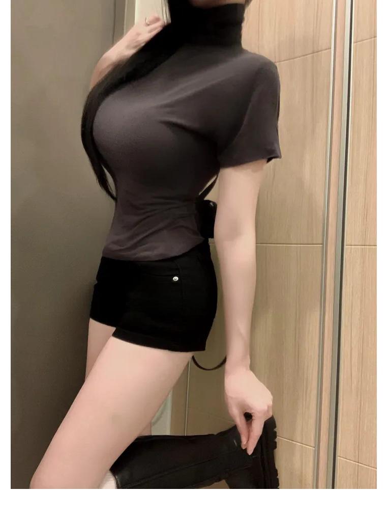 Korean Dongdaemun Elegant Slim-Fit Sheer High Neck Short Sleeve T-Shirt for Women