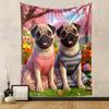 "Pugs in Dresses with Cherry Blossom Scene" Patterned Tapestry Decorative Wall Hanging, Home Bedroom Living Room Decor