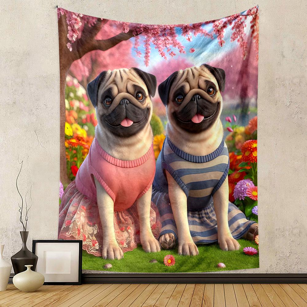 "Pugs in Dresses with Cherry Blossom Scene" Patterned Tapestry Decorative Wall Hanging, Home Bedroom Living Room Decor