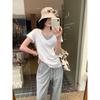 Women's Short-Sleeve V-Neck T-Shirt – Popular Loose Fit, Faux Two-Piece, Lazy Style Design