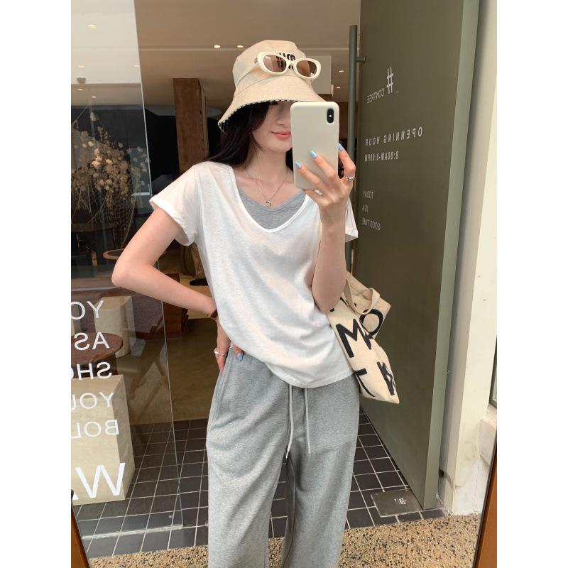 Women's Short-Sleeve V-Neck T-Shirt – Popular Loose Fit, Faux Two-Piece, Lazy Style Design