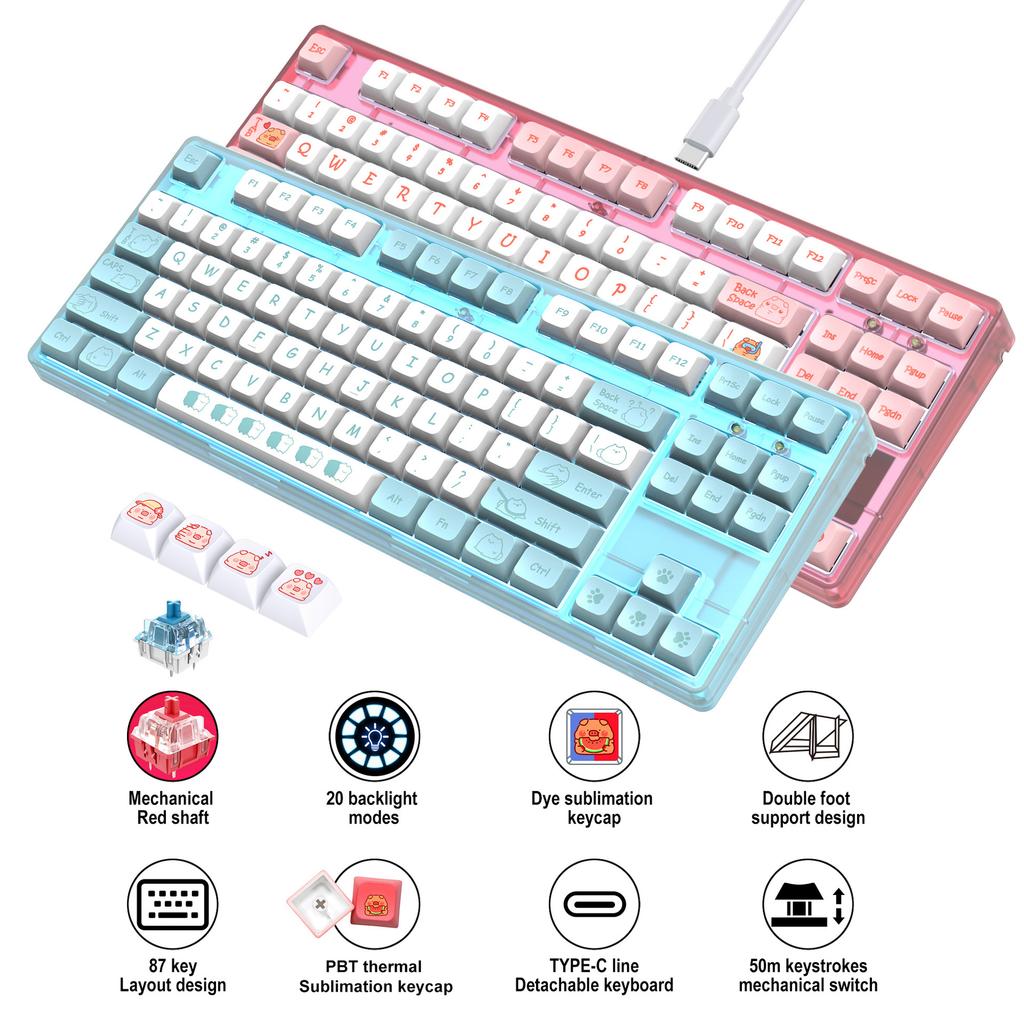 New 87 Key Wired Mechanical Keyboard, Heat Sublimation Cartoon Keycap Gaming Keyboard, Multiple Lighting Options