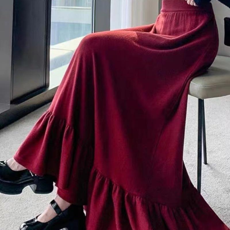 Thick Knitted Half Skirt Autumn/Winter New Popular Style Leaf High Waist Word Large Slimming Splicing Medium Length Long Skirt