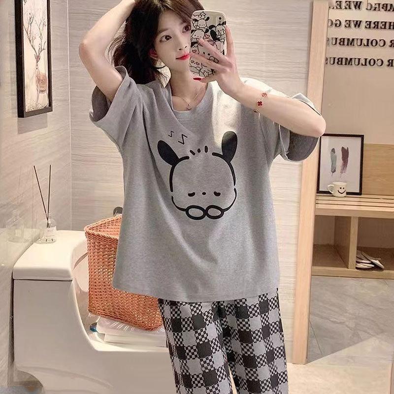 Summer Pure Cotton Pajamas Women's Pullover Sweet Casual Short-sleeved Cropped Pants Can Be Worn Outside Loungewear Student Dormitory Set