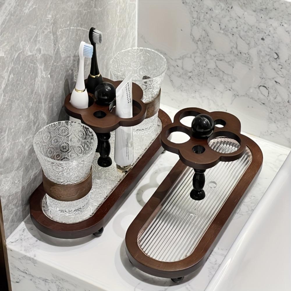 Vintage Toothbrush Holder Flower Design Bathroom Storage Rack Mouthwash Cup Shelf Toiletries