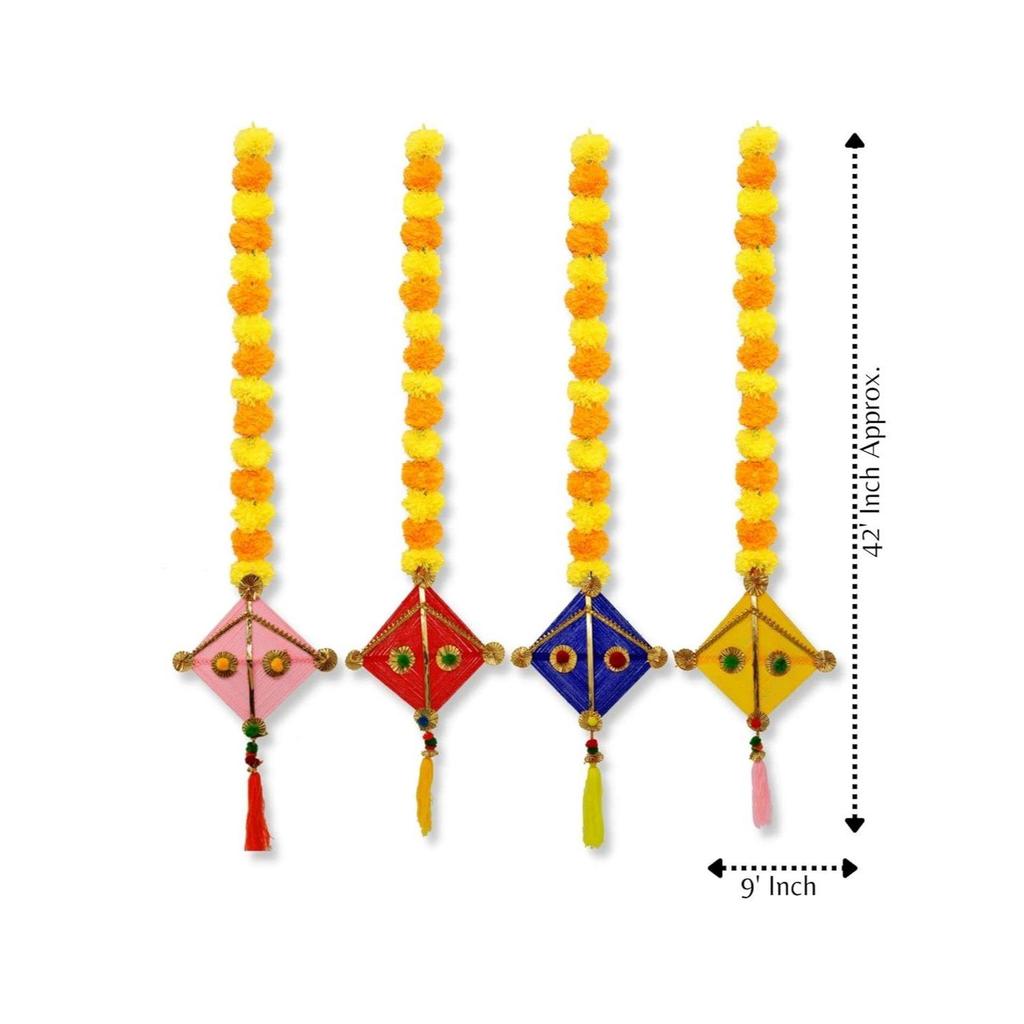 Handmade Artificial Marigold Fluffy Flowers Colorful Woolen Kite Hanging for Home, , Temple Pooja Room Decoration (Pack of 5)