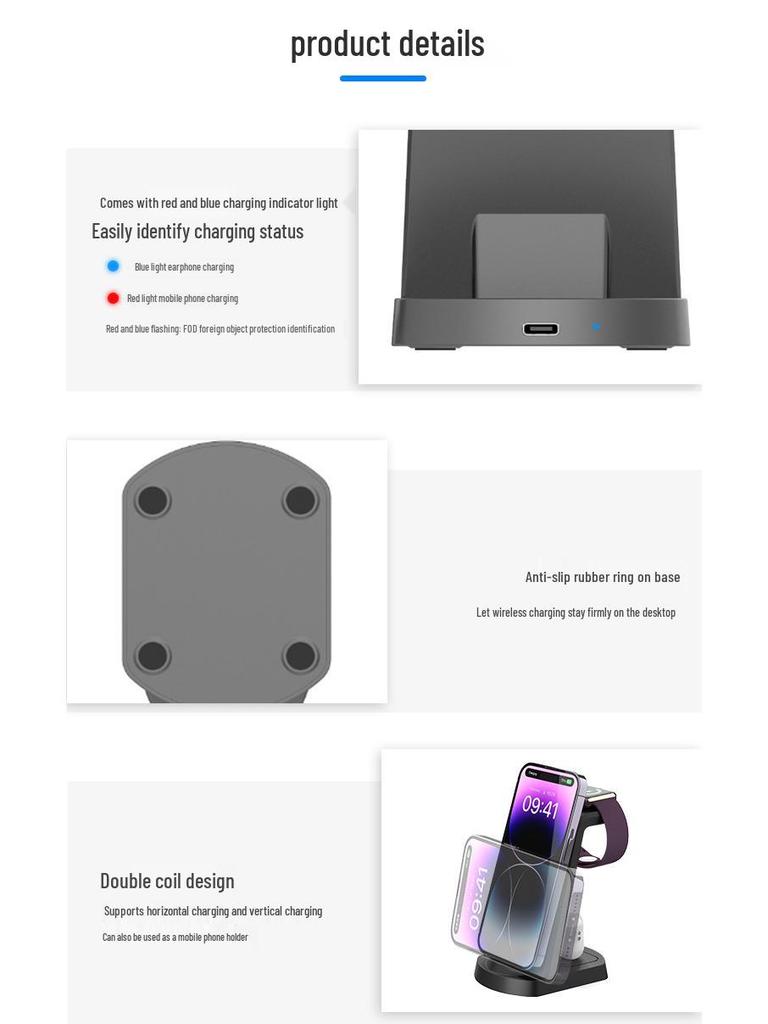 Three-in-One Vertical Wireless Charger for Apple Devices: Phone, Earbuds, and Watch.